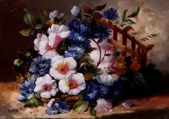 E. Vos, stilleven, Vos 20e eeuw, olieverf op paneel, bloemencompositie 13x18cm