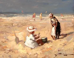 J.J.H. van Leeuwen, strandgezicht, J.J.H. van Leeuwen, olieverf op paneel, strandgezicht met figuren 20x25cm