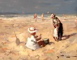 J.J.H. van Leeuwen, strandgezicht, J.J.H. van Leeuwen, olieverf op paneel, strandgezicht met figuren 20x25cm