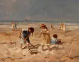 J.J.H. van Leeuwen, strandgezicht, J.J.H. van Leeuwen, olieverf op paneel, strandgezicht met figuren 20x25cm