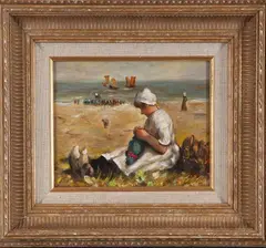 Liesbeth Meurs, strand, Liesbeth Meurs 20e eeuw, olieverf op paneel, strandgezicht met breiende vrouw 18x24cm