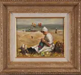 Liesbeth Meurs, strand, Liesbeth Meurs 20e eeuw, olieverf op paneel, strandgezicht met breiende vrouw 18x24cm