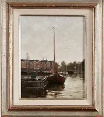 Frits Goosen, olieverf op linnen, havengezicht 24x30cm, havengezicht, Frits Goosen, olieverf op linnen, havengezicht 24x30cm