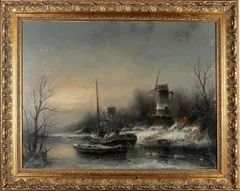G. Nijland, winterlandschap met molen, Nijland, olieverf op paneel, winterlandschap met molen, 60x80cm