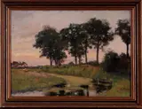 Eduard August Becht, bomen aan sloot, Eduard Becht (1868 - 1931 Den Haag), olieverf op linnen, landschap met avondrood 40x55cm