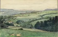 Robert Wosak, aquarel, Robert Wosak (1876 - 1944), gemengde techniek op papier, "Blick auf kloster Neuburg von Kritzendorf" 47x31,5cm
