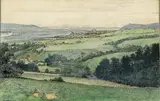 Robert Wosak, aquarel, Robert Wosak (1876 - 1944), gemengde techniek op papier, "Blick auf kloster Neuburg von Kritzendorf" 47x31,5cm