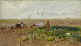 Weite Felderlandschaft mit Jäger by Hugo Mühlig, Öl auf Holz, sold Nov 2015