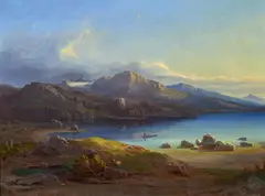 Leopold Rottmann, Landschaft an einem Bergsee (im Salzkammergut?), Öl auf Leinwand