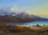 Leopold Rottmann, Landschaft an einem Bergsee (im Salzkammergut?), Öl auf Leinwand