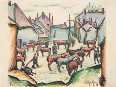 Hans Michaelson, Soldaten und Pferde, Farbstifte und Tusche auf Papier