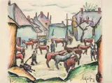 Hans Michaelson, Soldaten und Pferde, Farbstifte und Tusche auf Papier