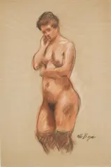 Otto Beyer, Stehender Frauenakt, Pastell auf gräulichem Velin