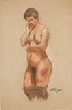 Otto Beyer, Stehender Frauenakt, Pastell auf gräulichem Velin