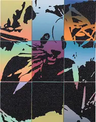 Rob Pruitt, Midnight Snack (Panda), 2016, acrylic, enamel and glitter on canvas, in 9 parts
