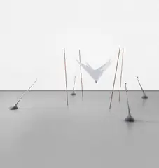 Topologic fluency on a structural camp for high density point by Ernesto Neto, 1992, lead spheres, stockings, copper tubes, lycra cloth and lead ball, sold Feb 2019