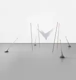 Ernesto Neto, Topologic fluency on a structural camp for high density point, 1992, lead spheres, stockings, copper tubes, lycra cloth and lead ball