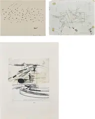 Barry Le Va, Three works: (i) Particles; (ii) Corner Sections (Separately Projected); (iii) Partition Sections (3 Perspectives), 1968, (i) ink on paper (ii) pencil, ink, tape and collage on graph paper (iii) ink, pencil and printed paper collage on card