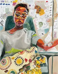 Jordan Casteel, Self Portrait, 2012, oil and paper collage (with ink, graphite and colored pencil) on canvas