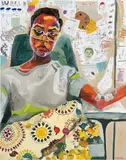 Jordan Casteel, Self Portrait, 2012, oil and paper collage (with ink, graphite and colored pencil) on canvas