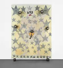 The Naked Spirit of Captain Shit and the Legend of the Black Stars by Chris Ofili, 2000-2001, acrylic, oil, phosphorescent paint, paper collage, glitter, polyester resin, map pins on linen, and elephant dung, sold May 2019