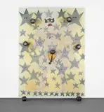 Chris Ofili, The Naked Spirit of Captain Shit and the Legend of the Black Stars, 2000-2001, acrylic, oil, phosphorescent paint, paper collage, glitter, polyester resin, map pins on linen, and elephant dung