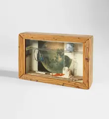 Joseph Cornell, Untitled, 1960, printed paper collage, acrylic, clay pipe, cork ball, and metal in a wood box construction