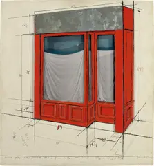 Christo, Orange Store Front (Project) Part I, 1964-1965, charcoal, graphite, painted wood, Plexiglas and galvanized metal on panel