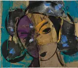 Manolo Valdés, Rostro sobre fondo turquesa, 2002, oil and burlap collage on canvas