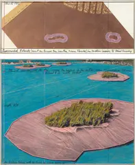 Surrounded Islands (Project for Biscayne Bay, Greater Miami, Florida) by Christo, 1982, fabric, charcoal, wax crayon, graphite, enamel paint and printed aerial photograph on card, in 2 Plexiglas boxes, sold May 2019