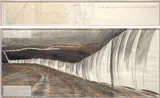 Christo, Running Fence (Project for Sonoma County and Marin County, State of California), 1976, charcoal, pastel, wax crayon and printed paper collage on paper, in artist's Plexiglas box, in 2 parts