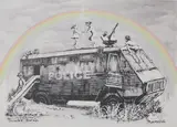 Untitled by Banksy, interpreted in this print as a site of reclamation. A rainbow frames the van, sold Oct 2024