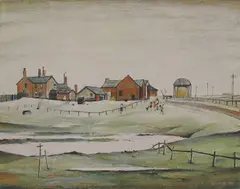 Untitled by L. S. Lowry, 'Landscape with Farm Buildings' offset lithograph in colours, sold Aug 2024
