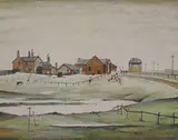 L. S. Lowry, Untitled, 'Landscape with Farm Buildings' offset lithograph in colours