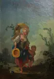 French School, A peasant woman and childen in a landscape, oil on canvas