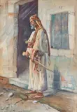 Camillo Gioja Barbera, An Arab, standing by a doorway, armed with a sword, watercolor on paper