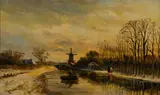 Hendrik Dirk Kruseman van Elten, A winter landscape with a boat on a river and a windmill in the distance, oil on panel
