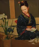 A seated Japanese girl in a kimono with flowers in a wooden bucket by Continental School, oil on canvas, offered Oct 2012
