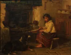 James Cole, A girl and a dog in a cottage interior, oil on canvas