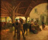 Charles Rivière, Figures in a stable, oil on canvas