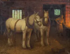 Two white horses in the blacksmith's shop by William Barr, oil on canvas, offered Oct 2012
