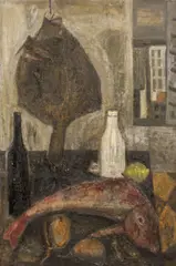 Raymond Guerrier, Fish and Bottles, oil on canvas