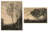 Jean-Baptiste Camille Corot, Souvenir d'Italie; Environs de Rome; Paysage d'Italie; Bucheron de Rembrandt; Rives du Po (M. 5; 6; 7; 35; 74), 1863/later; 1866/later (2); 1853/later; 1859/later, Etching and drypoint on wove paper, later printings