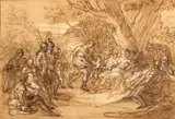 French School, Atalanta and Meleager, pen and ink and sepia wash heightened with white over pencil on paper laid down on heavy card