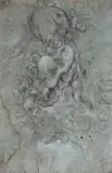 Italian School, A study of putti carrying a shield, black chalk and wash heightened with white on blue paper