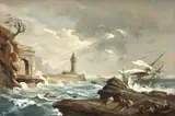 Philipp Jakob, A shipwreck on a rocky coast with a lighthouse in the distance, gouache on heavy card