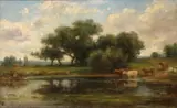 Hiram Reynolds Bloomer, Cows watering at a pond, oil on canvas