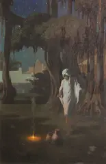 Perham Wilhelm Nahl, Young Arab by a fire, mixed media on board