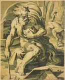 Ugo da Carpi, Diogenes, after Parmigianino (B. 10), c. 1527, Chiaroscuro woodcut from four blocks in greens on laid paper with heavy support,  trimmed within the borderline