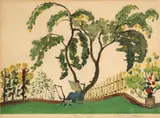 Hayley Lever, Aida Reading in the Garden, 1930s, Color monotype with watercoloring on laid paper